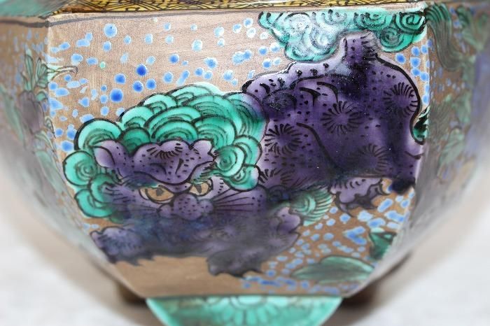 K-1565九谷焼吉田屋風青手染付六角唐獅子文大香炉角福印 - 石川県金沢