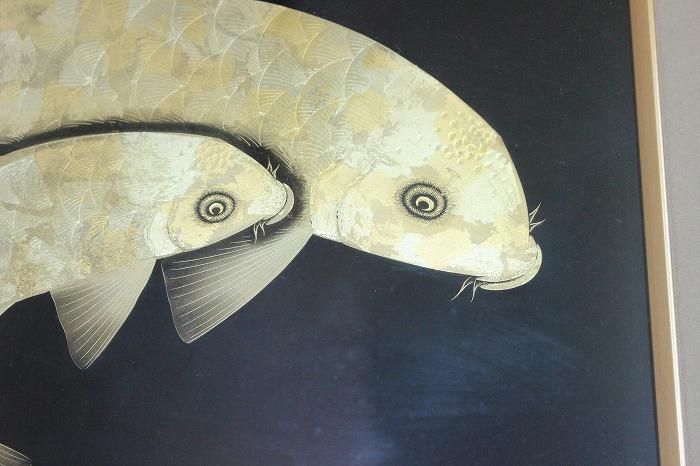 E-324輪島塗沈金色漆双鯉文飾額 輪島漆芸作家加治武作 - 石川県金沢の