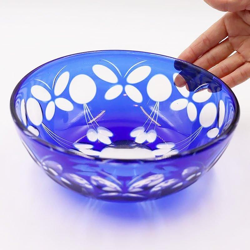 アンティーク カットガラス 切子鉢 青 大正昭和レトロ