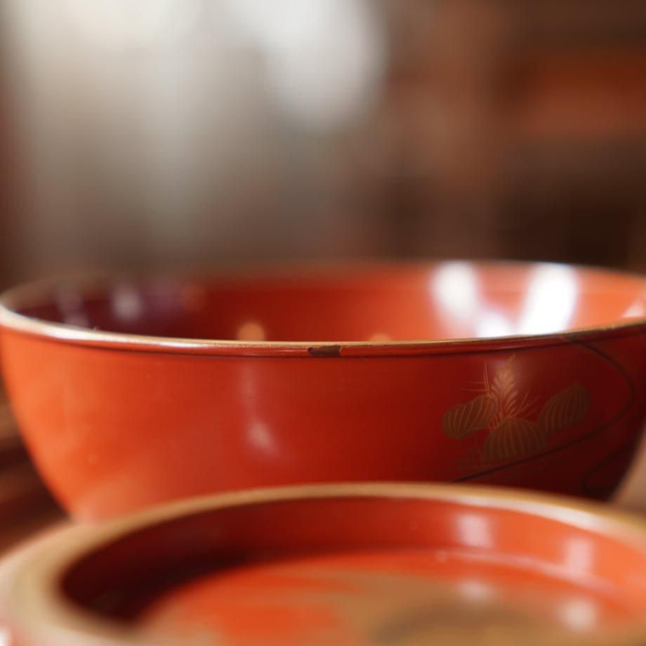 漆器 椀 蓋付き 朱塗り 金蒔絵 明治アンティーク