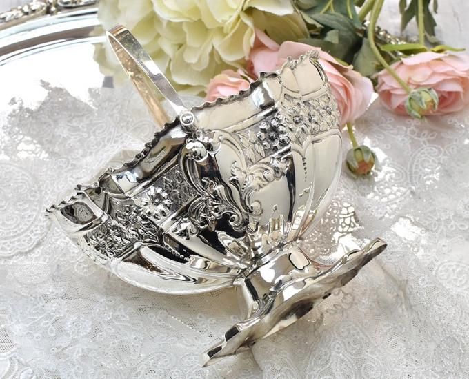 英国アンティーク銀器【シルバープレート】美装飾シュガーバスケット