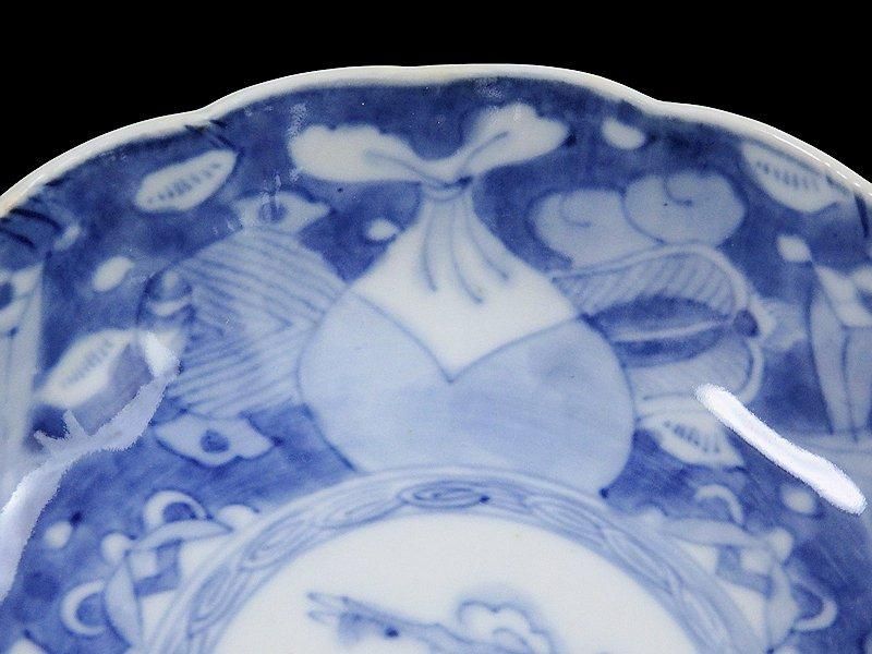 古伊万里 染付 巾着に宝尽くし 麒麟図 膾皿 5客セット