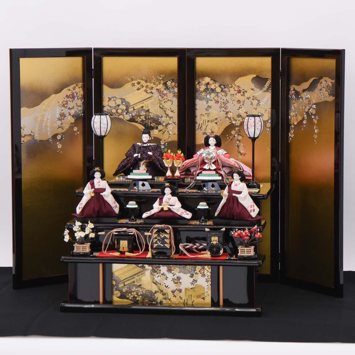 ひな人形 大三五 三段 五人飾り 落とし屏風 小倉草園 - 雛人形・五月