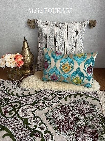 モロッコ横長クッションカバー＊ターコイズフラワー - モロッコ雑貨と