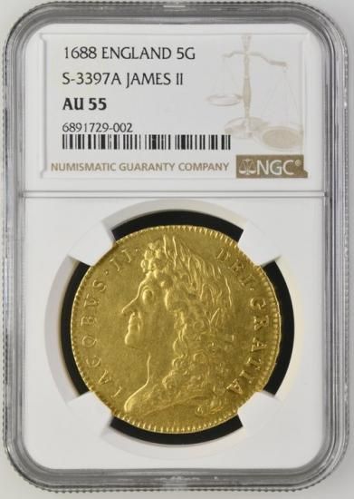 イギリス 1688 ジェームズ2世 5ギニー金貨 NGC AU55! - 【鑑定済