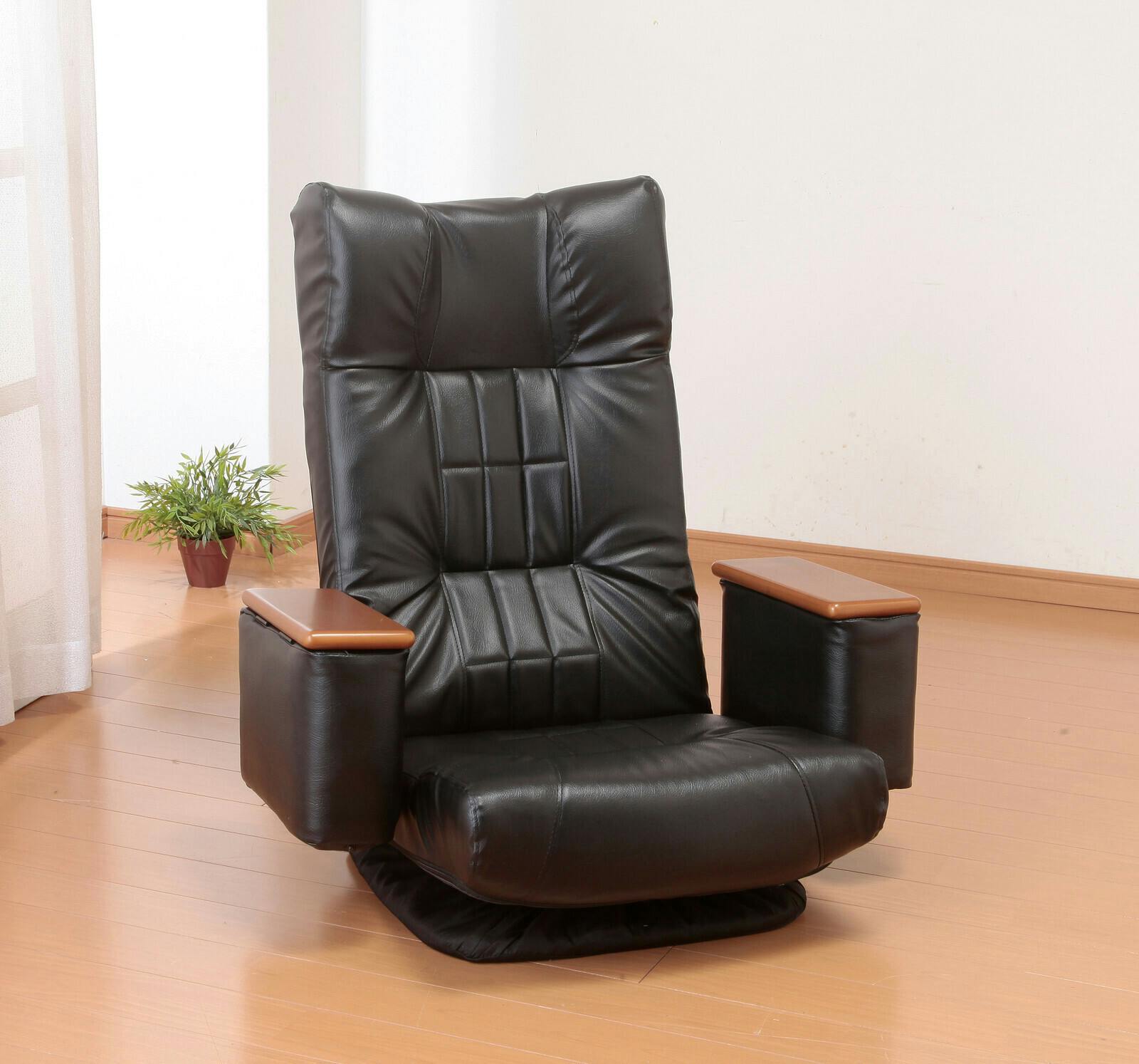 天然木肘付きリクライニング回転座椅子 ブラック ＃4589978101934