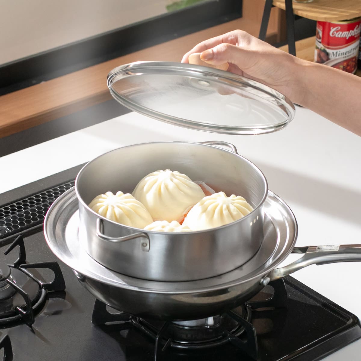 ステンレスせいろ浅 フタ・蒸し板付3点セット | itomani（いとまに