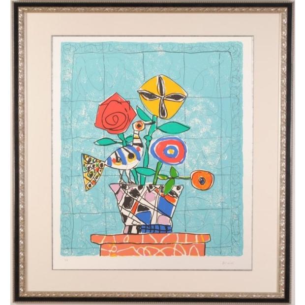 花 絵画 鳥 静物画 版画 リトグラフ ポール・アイズピリ 「空色の背景