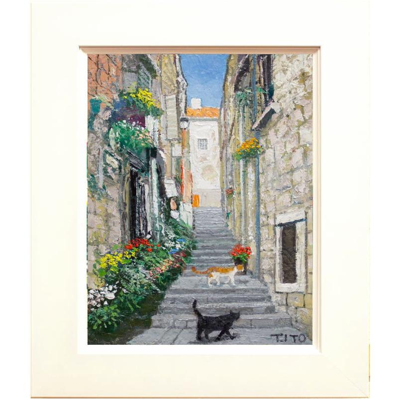 伊東拓実 「 猫のいる階段 」 油絵 油彩画 F4 ( 4号 ) 絵画 洋画 肉筆