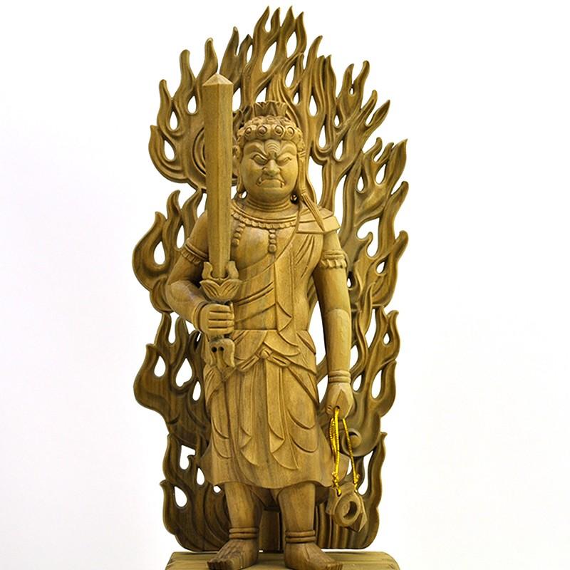 木彫り仏像 【不動明王】 白檀 立5.0寸 総高27.8cm 真言宗脇仏 : 海宇