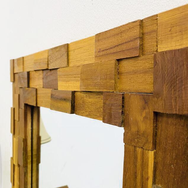 壁掛け鏡 アジアンミラー ウッドタイル フレーム 鏡 H60 W45 壁掛け