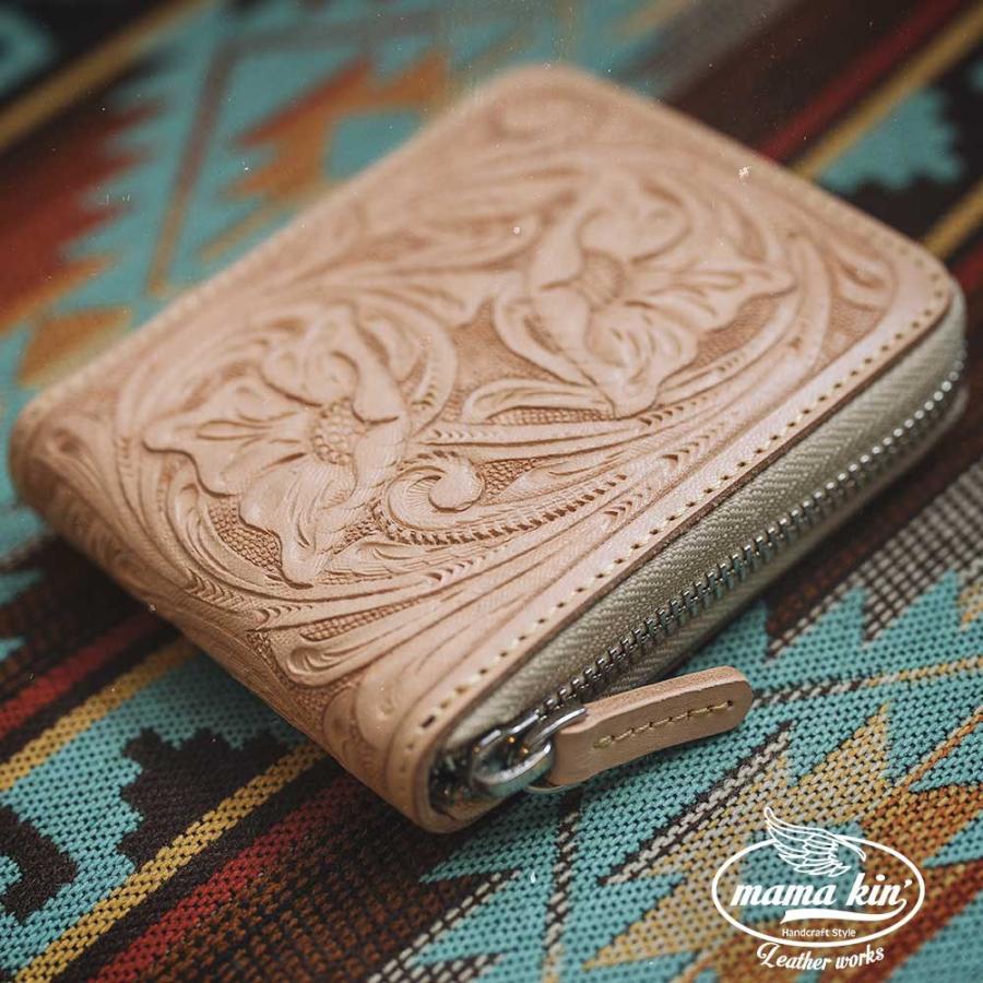 財布 ラウンドファスナー レザーカービング ジッパー ヌメ革 レザー