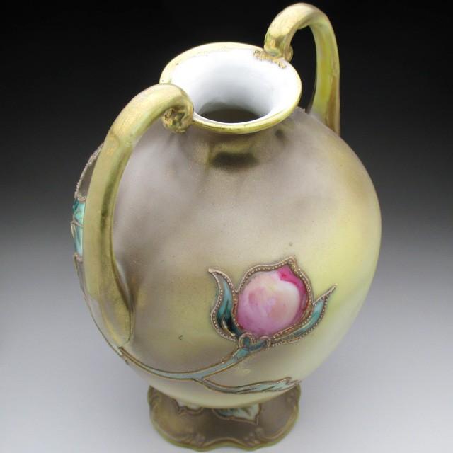 ノリタケ オールドノリタケ 金盛り薔薇絵 花瓶 22cm : アンティーク