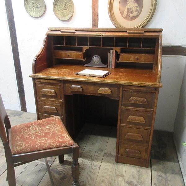 イギリス アンティーク 家具 ロールトップ デスク 机 作業台 収納 木製
