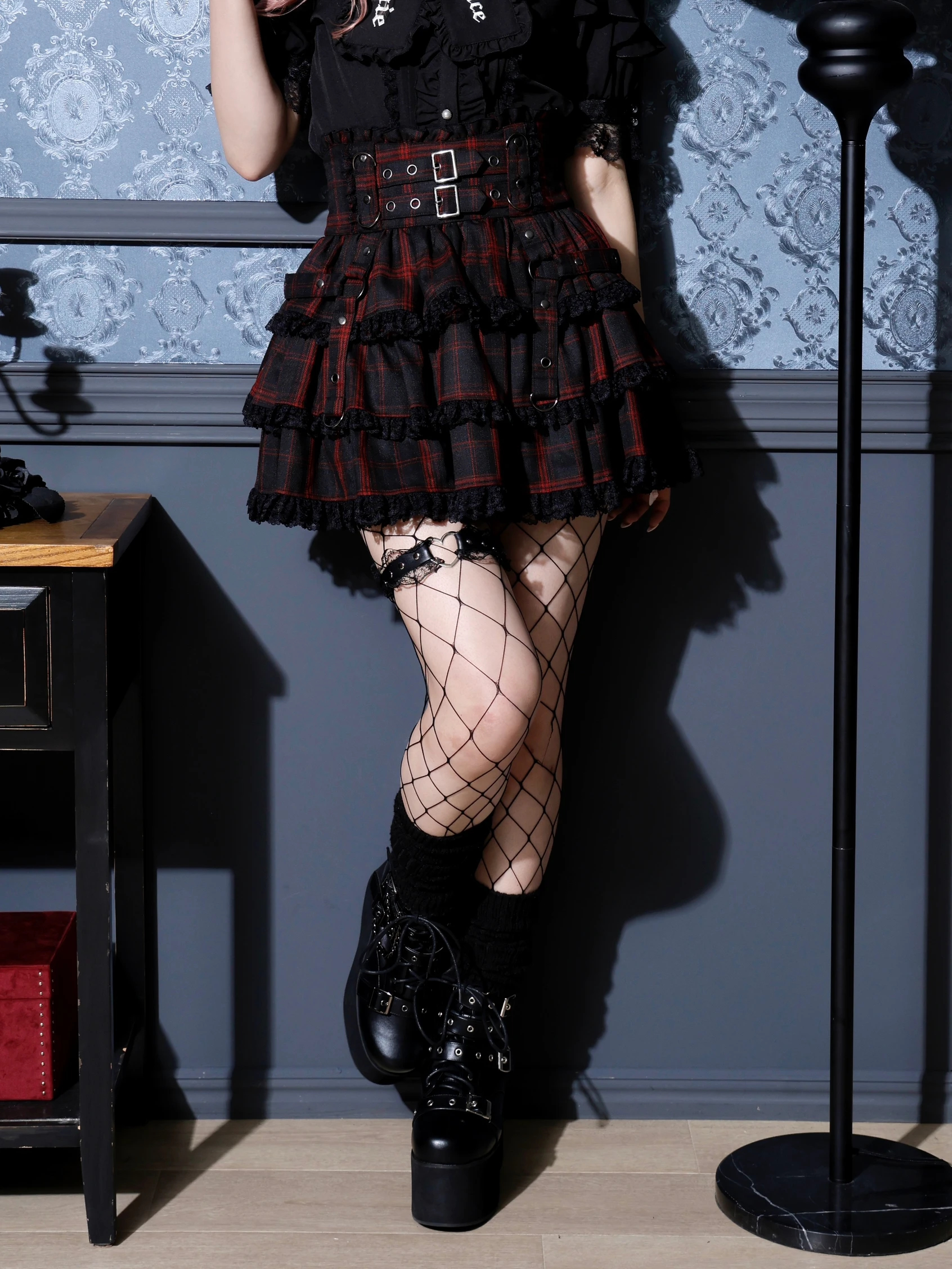 ダブルベルトティアードスカパン（ミニスカート｜濃グレー・赤・紫・黒