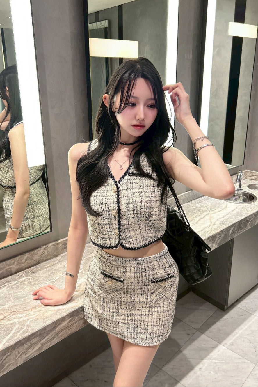 Vネックホワイトツイードセットアップ JB26037