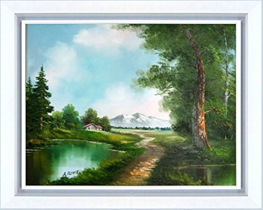 真作】絵画 油彩 湖畔の教会とアルプス 風景画 洋画風景 W125 真作