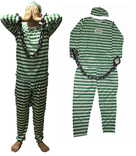 Amazon.co.jp: (lockon) 囚人服 黒 赤 緑 帽子 大きな 手錠 付き 男女