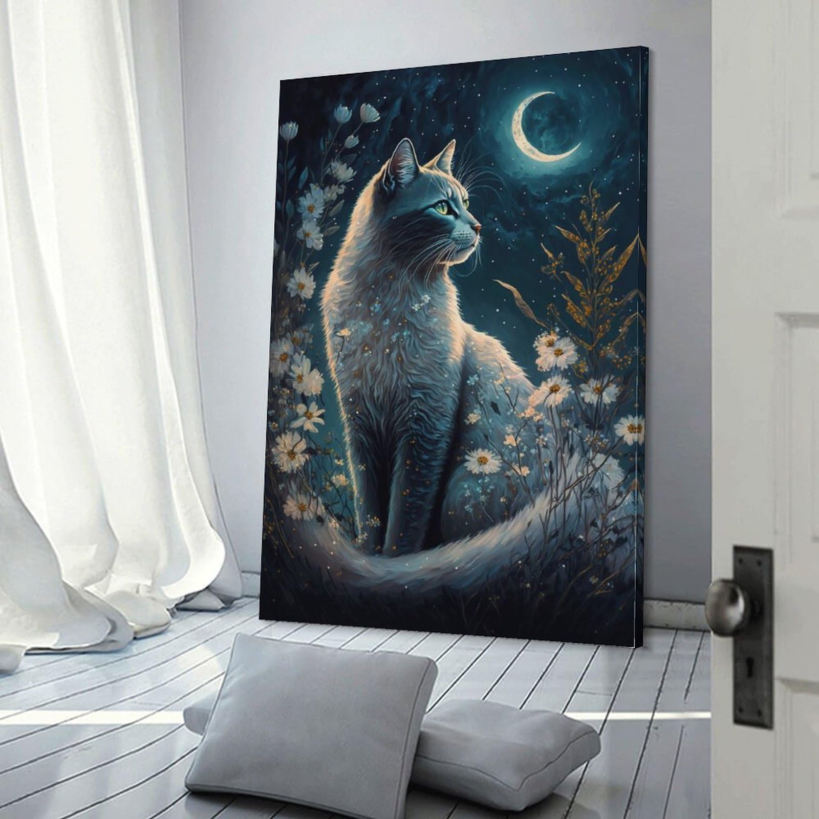 Amazon.co.jp: 絵画 猫と月の夜インテリア 絵画 超リアルな動物