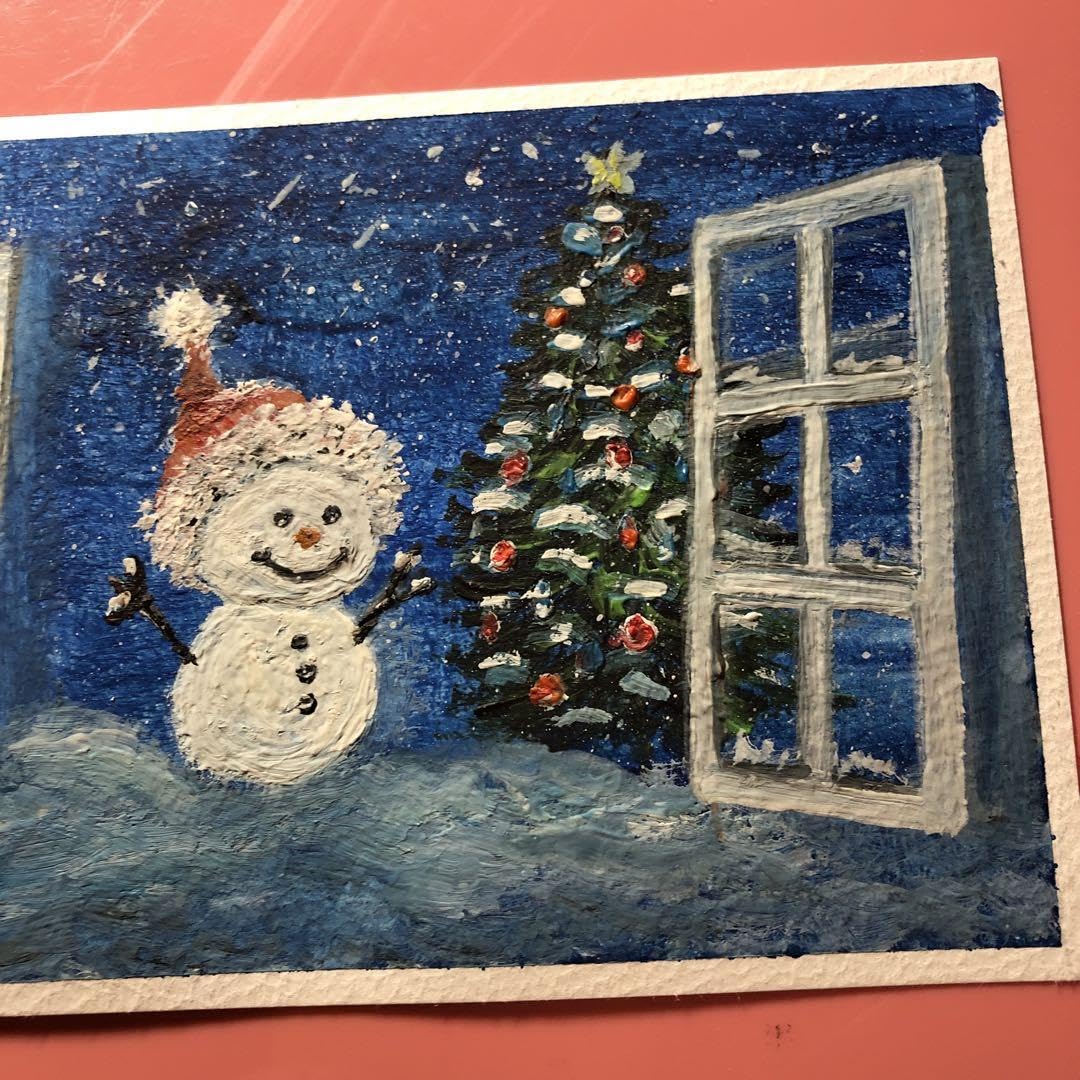 Amazon.co.jp: 窓の外のクリスマスツリーと可愛い雪だるま 水彩画 絵