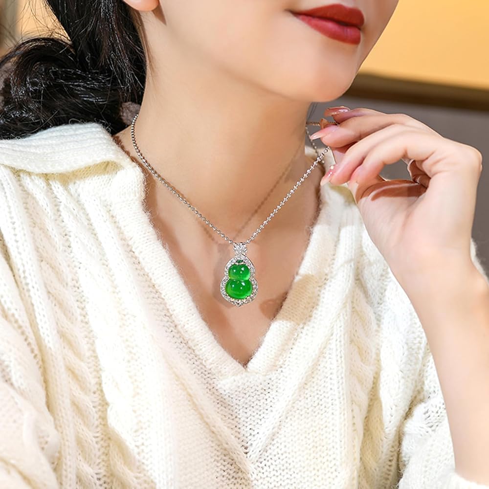 Amazon | KayuHpFQ 本物の翡翠ひょうたんネックレス、フルグリーン翡翠