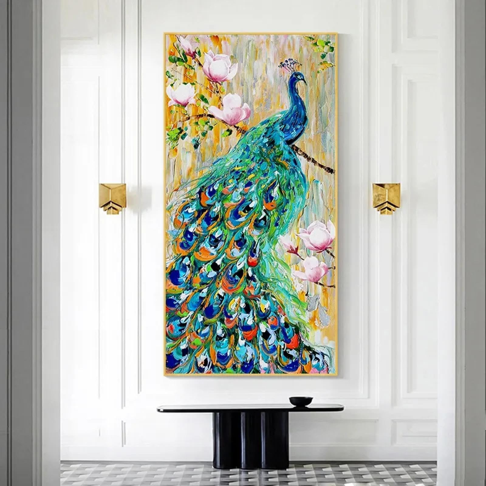 Amazon.co.jp: 伝統的な中国の幸運の風水孔雀のキャンバス絵画グリーン