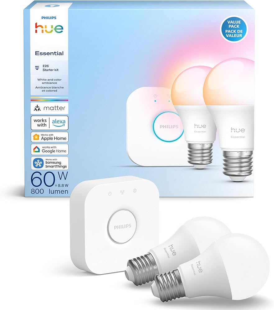 PHILIPS Hue Essential Starter Kit: Hue Bridge, 2 Essential E26