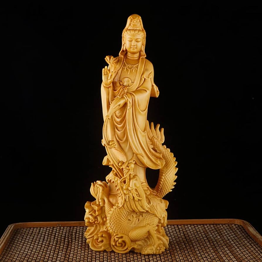 Amazon｜仏像 木彫り 置物 龍上観音 観音像 龍乗観音 龍観音 高級天然