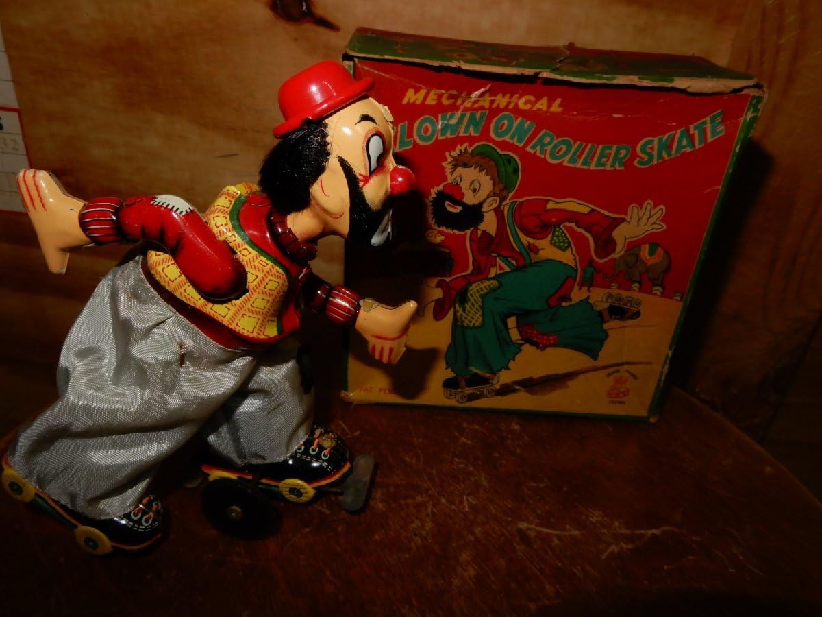 ☆動作済☆人気絶大 ブリキ50'S ピエロのローラースケート箱付☆全高