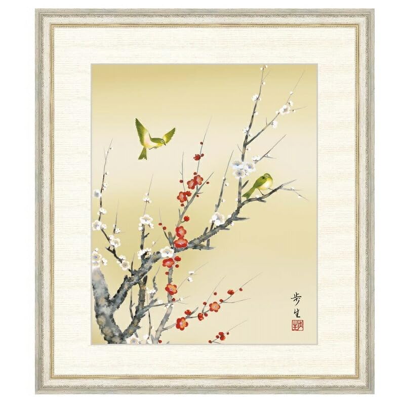 Amazon.co.jp: 日本画 北山歩生 紅白梅に鶯（こうはくばいにうぐいす