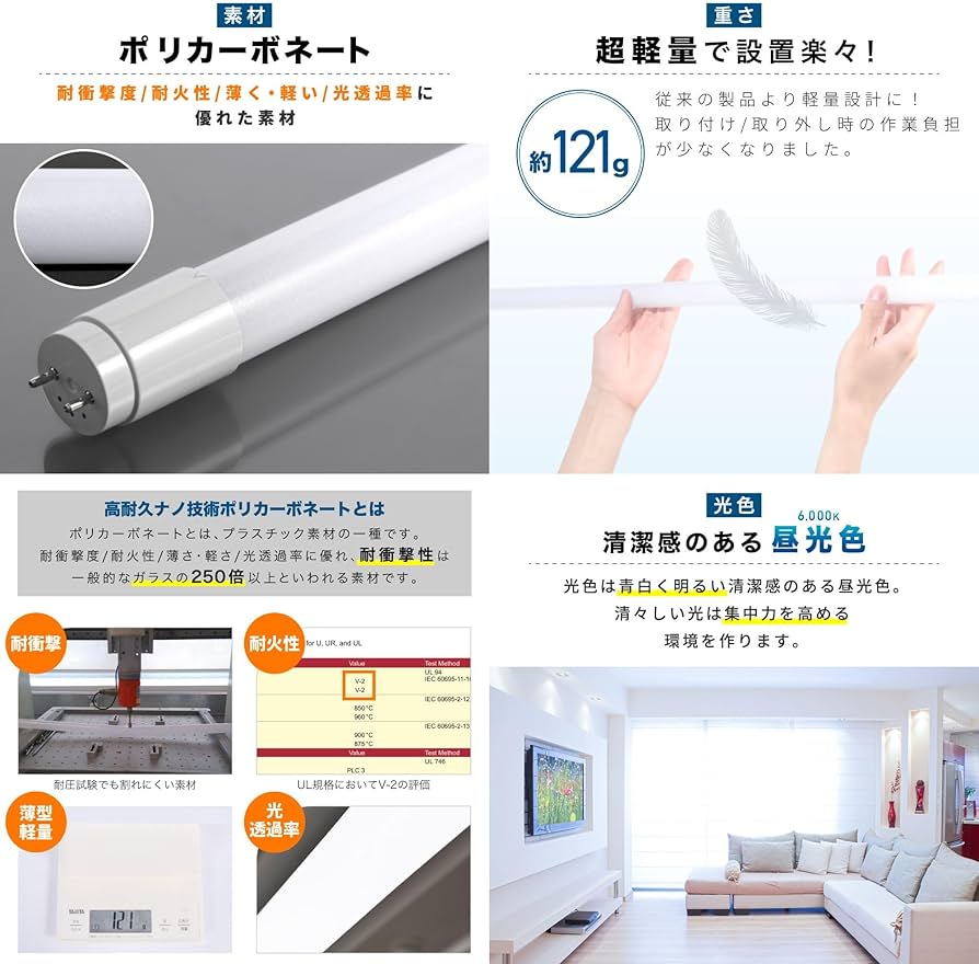 Amazon | LED蛍光灯 直管 40W 昼光色 120cm 高耐久ナノ技術 直管型LED