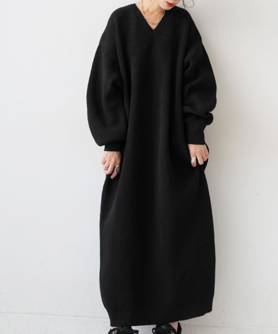 片畦編み ニットワンピース レディース ロング Vネック 送料無料