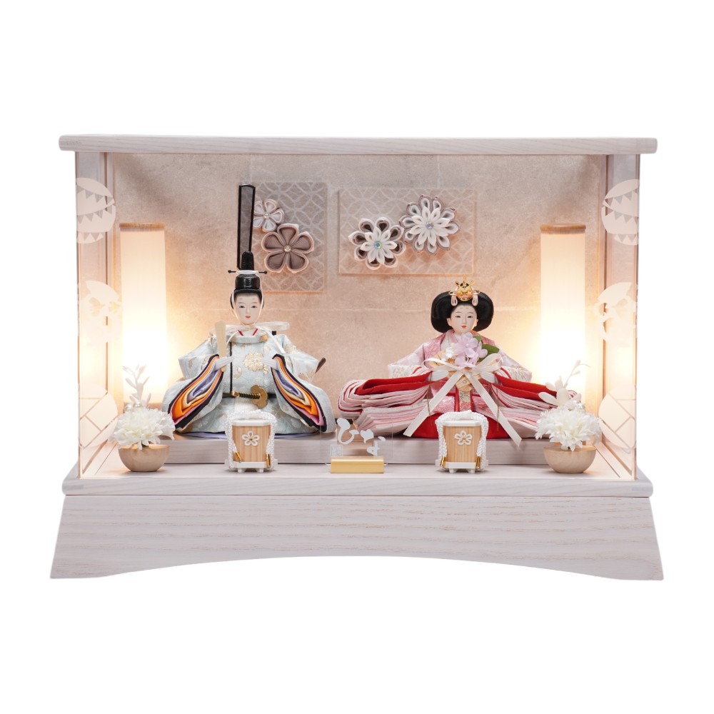 雛人形】柳 つまみ細工 アッシュホワイト 親王揃いアクリルケース飾り