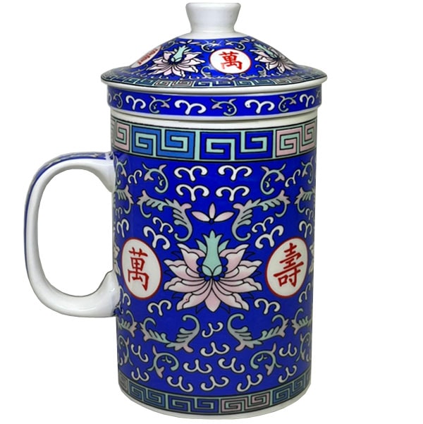 景徳鎮茶漉し付きマグカップ萬壽・青｜食器,景徳鎮,茶器,テーブル