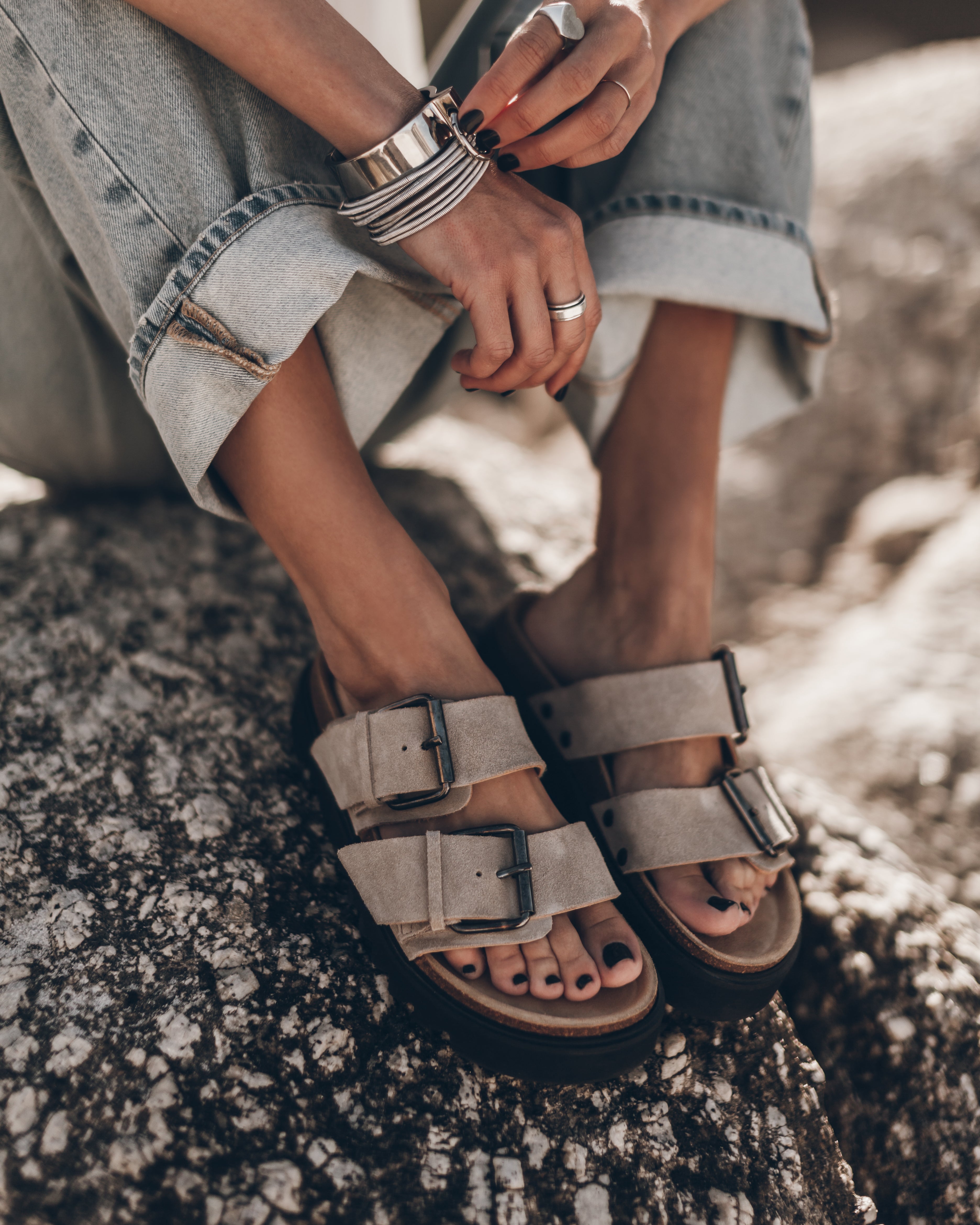 MIKUTA | The Beige Suede Buckle Sandals