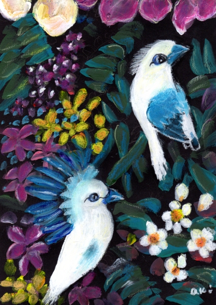 絵画のミクストメディアで秋永清二が描いた鳥の絵「南国の鳥・3」を