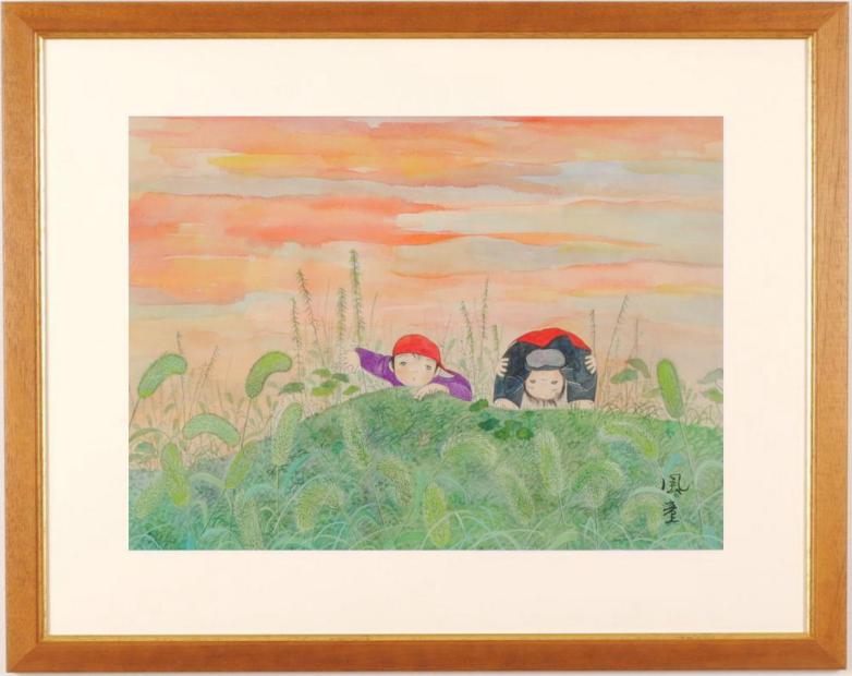 絵画の水彩画で開田風童が描いた子供たちの絵「猫じゃらしの中で」を