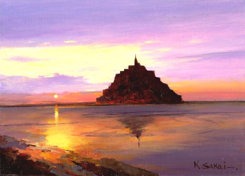 油絵の絵画で酒井健吉が描いたフランスの絵「モンサンミッシェル」を