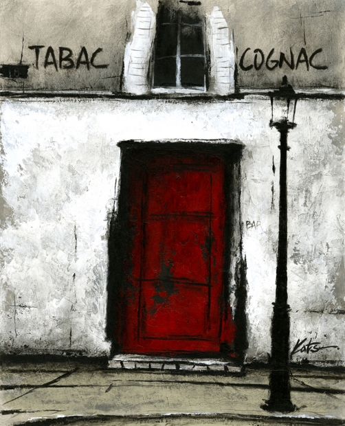 絵画の油絵でパリの街角を描いた中野克彦の作品「赤い扉のBAR」をご購入