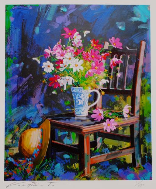 花の絵画をジークレーの版画で制作した田中清のコスモスの花の絵「好日