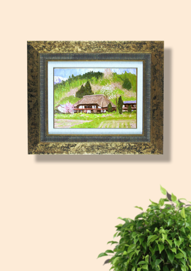 信州の古民家・茅葺屋根・農家の油絵・足立一夫「農家の陽春」油彩 F4