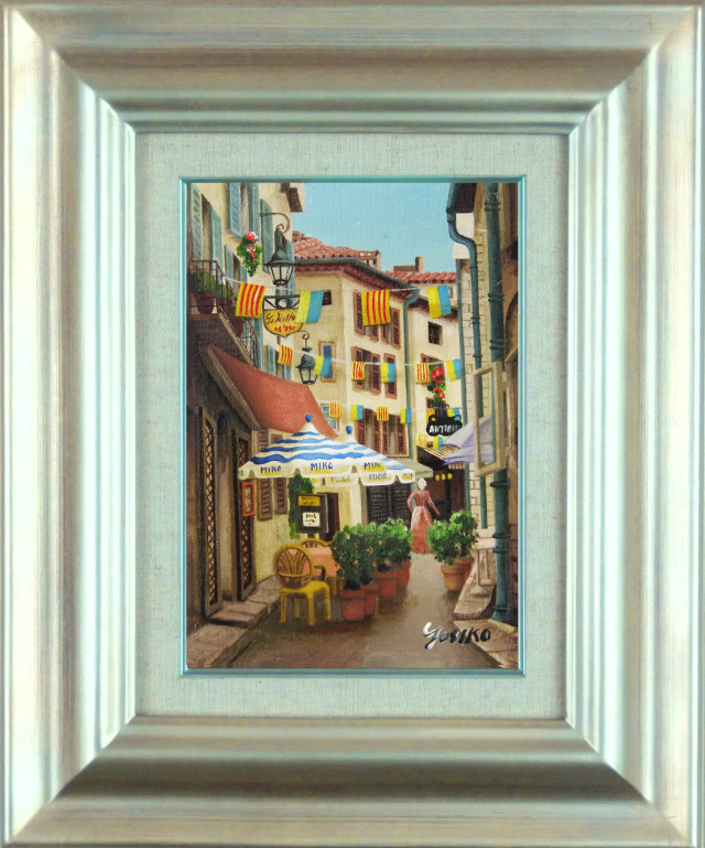 イタイア風景画「旗のある街角」油彩SM・志村好子