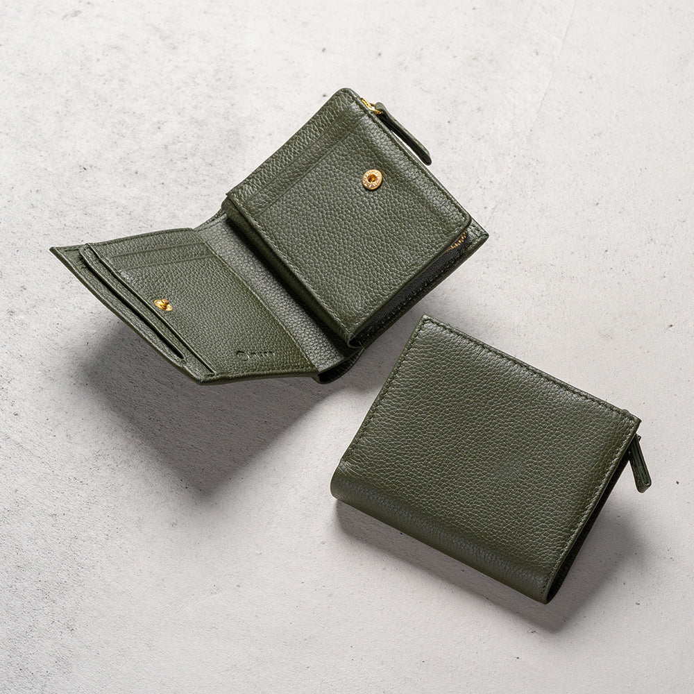 牛革 シュリンクレザー ゴールドファスナー ボタン閉じ 二つ折り財布