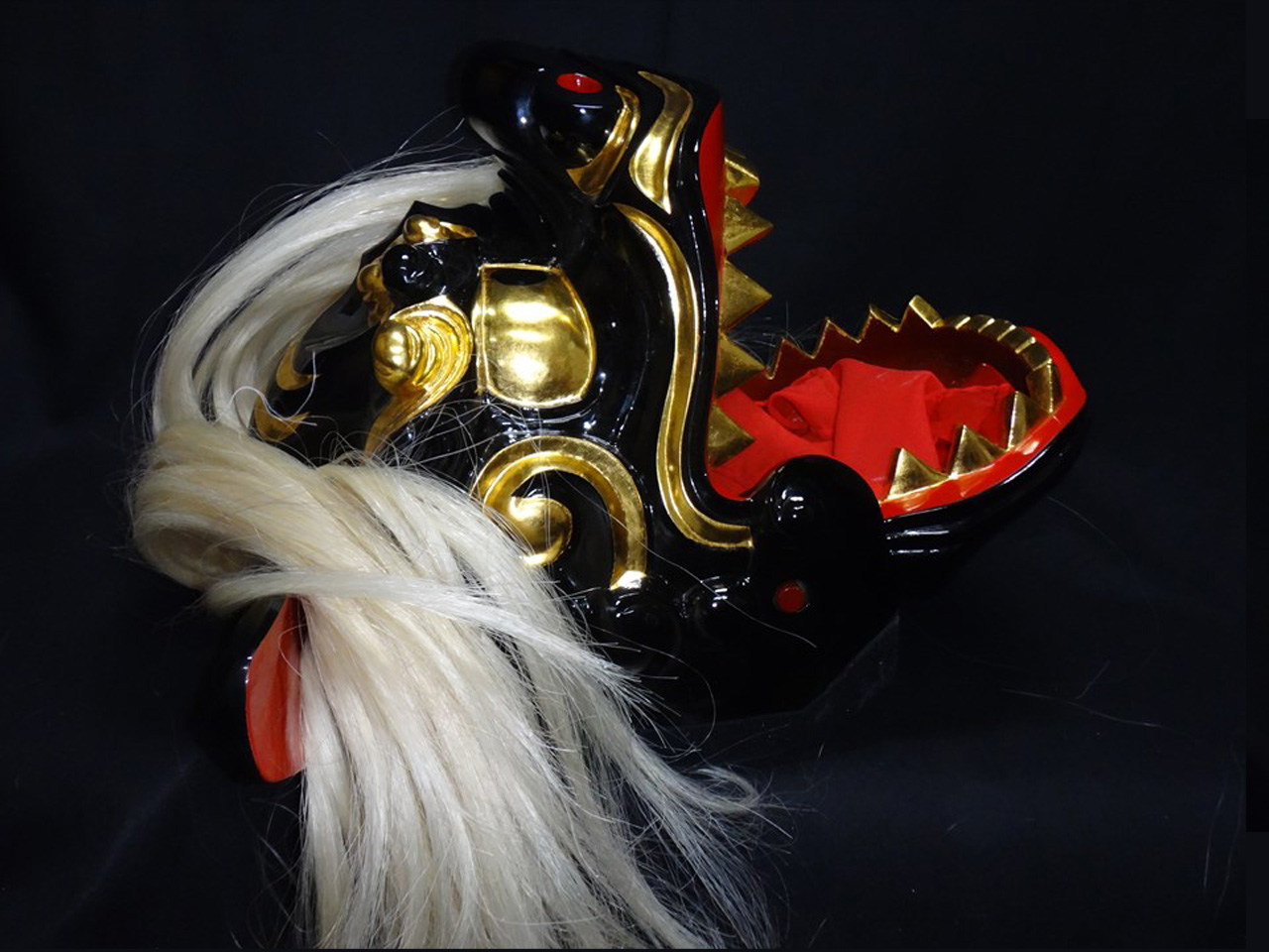 獅子頭-完成品大特価、黒宇津獅子1尺2寸白髪付き