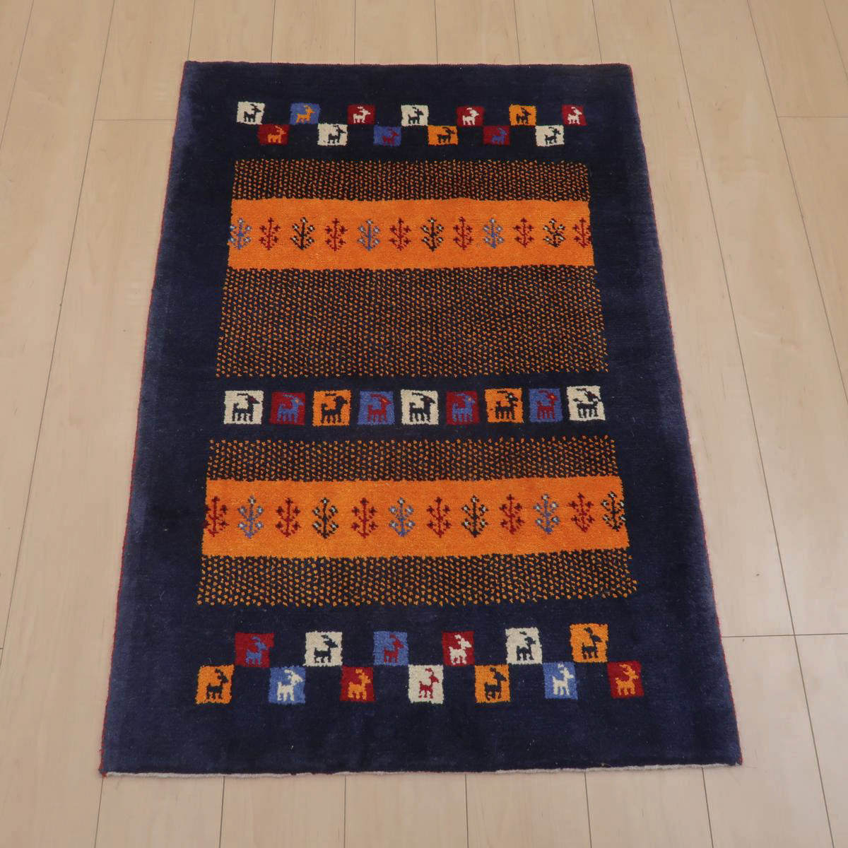 ギャッベ,ラティーフ,125×81cm｜ブルー系手織りパッチワーク玄関マット