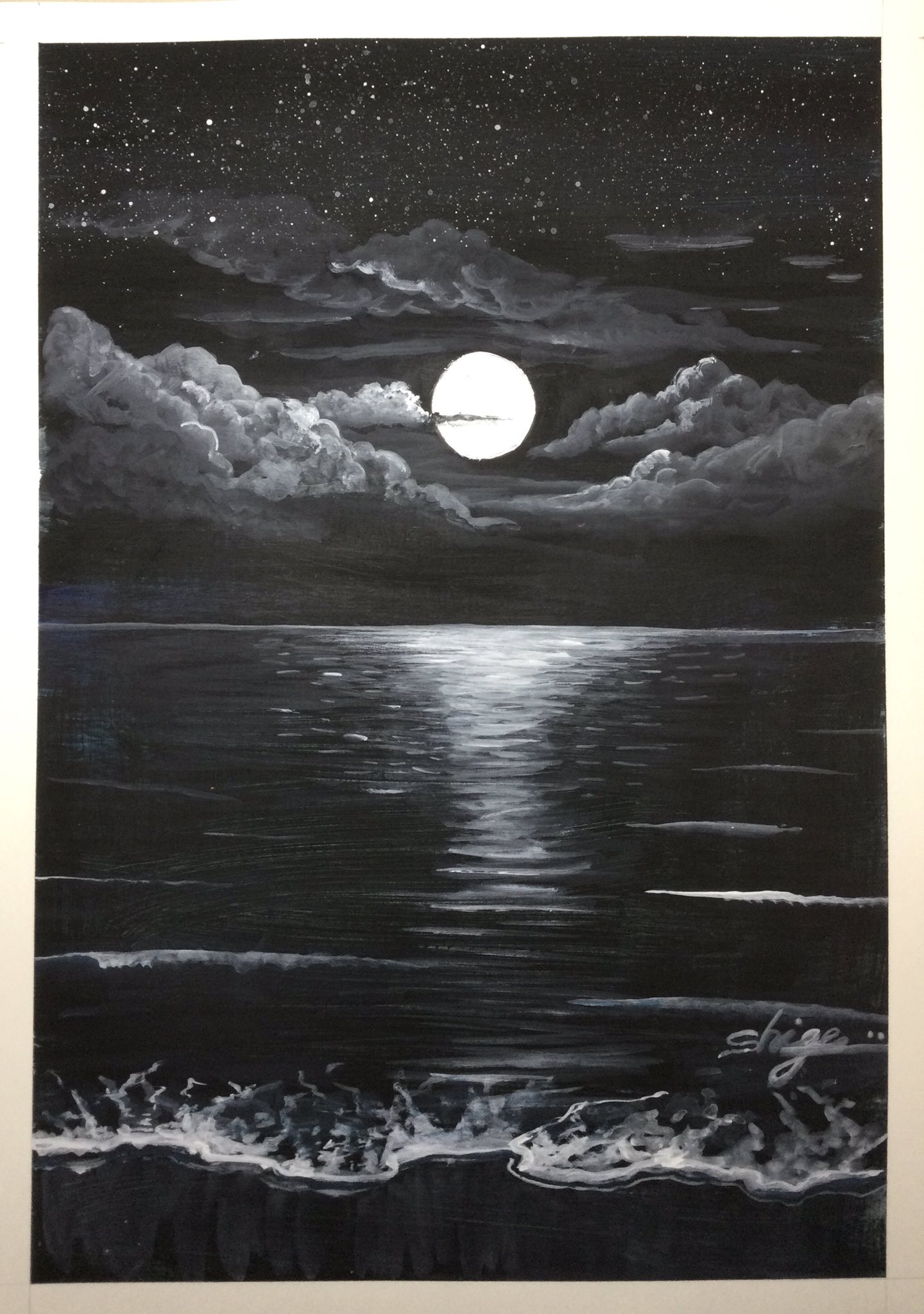 月夜に輝く海の世界】アクリル画 F6 風景画 絵画 動物画 海の
