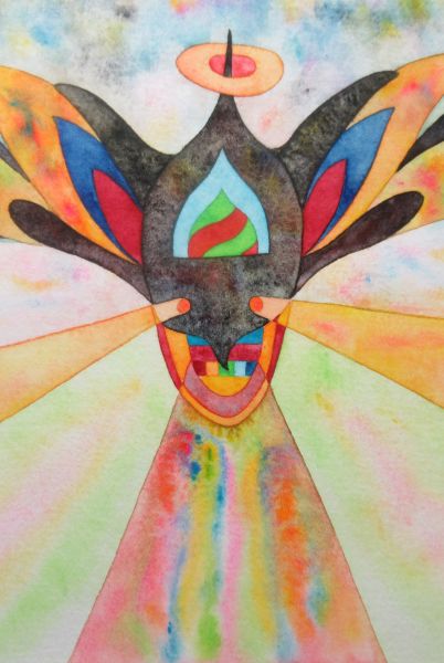 2003年頃描いた絵（右）に加筆中（左）『天使』画用紙、透明水彩