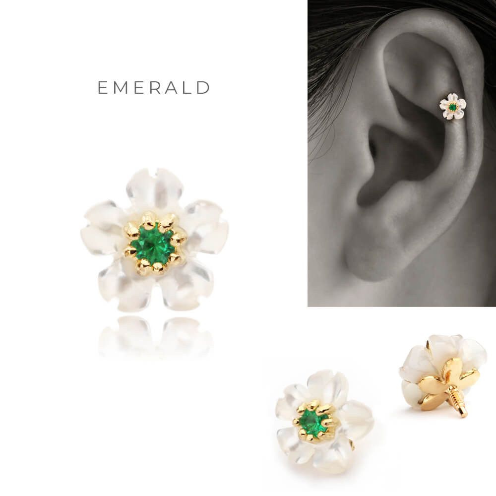 K18 シェル フラワー ボディピアス│ルビー・エメラルド 軟骨ピアス