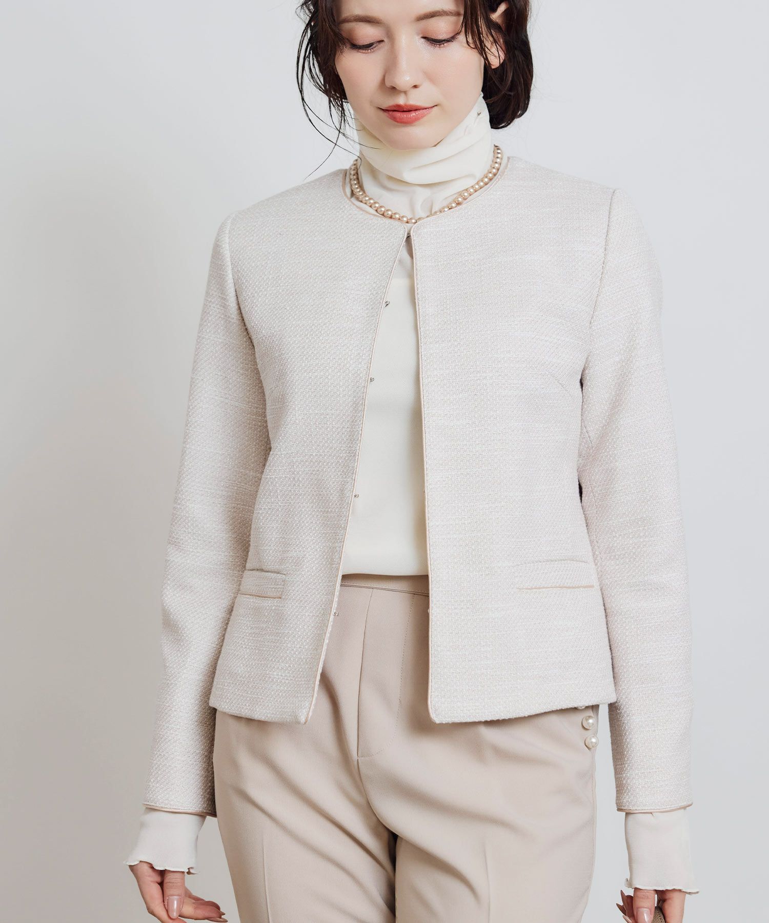 セットアップ可能】綾織りツイードノーカラージャケット | PICCIN