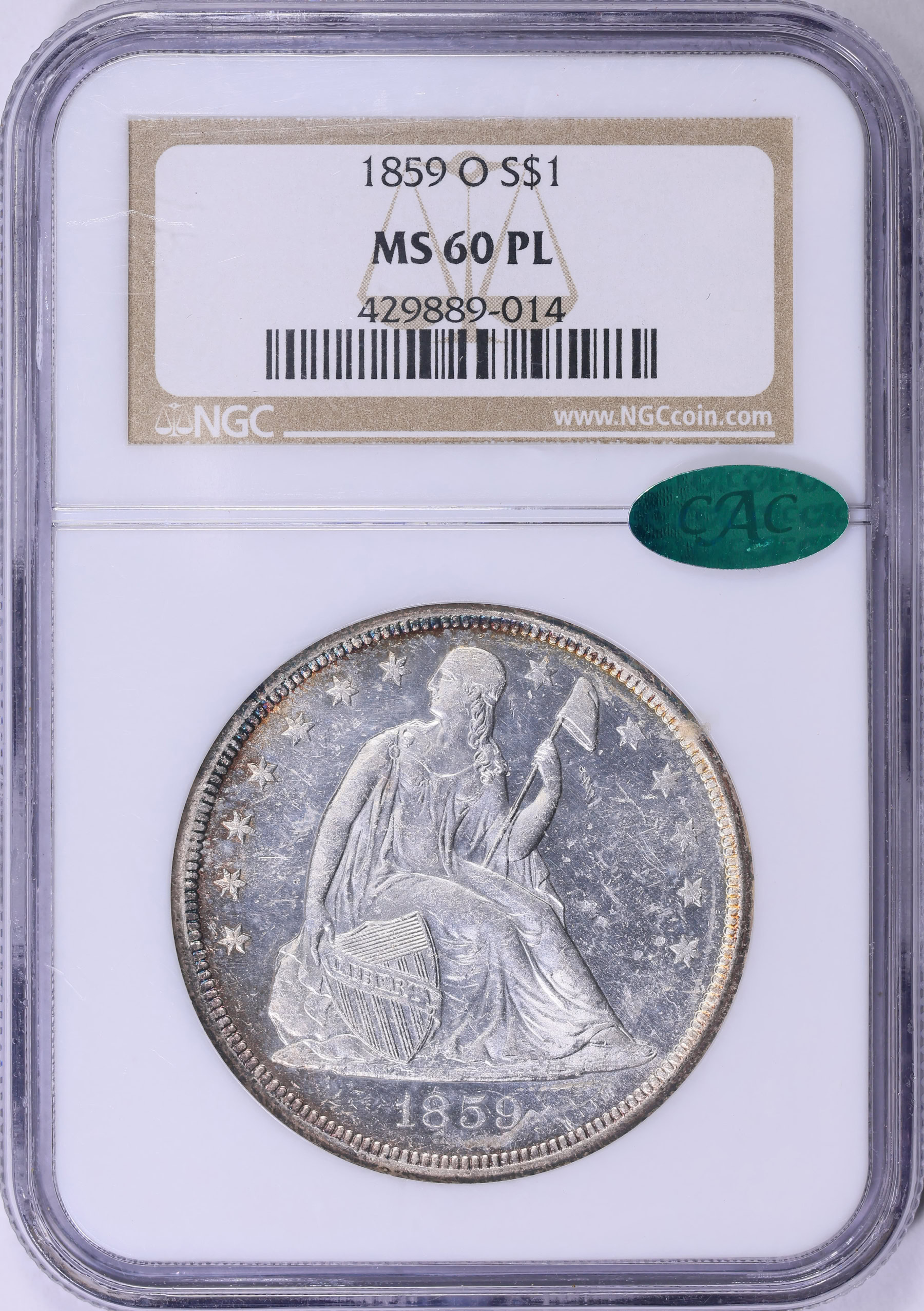1859-O Seated Liberty Silver Dollar NGC MS-60 PL (CAC Green